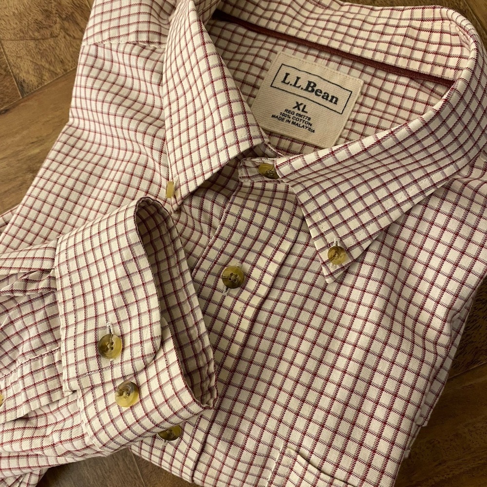LL Bean Button Down Shirt Mens XL Windowpane Check Cotton White Red